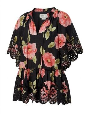 Madison Ave x Kate Spade Floral Tie-Neck Peplum Top - Black/Pink - SZ 4